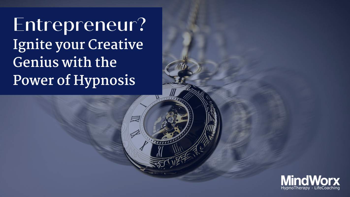 1 (3) A vintage pocket watch spins against blurred background with Mindworx branding, promoting hypnosis to boost entrepreneurial creativity effectively.